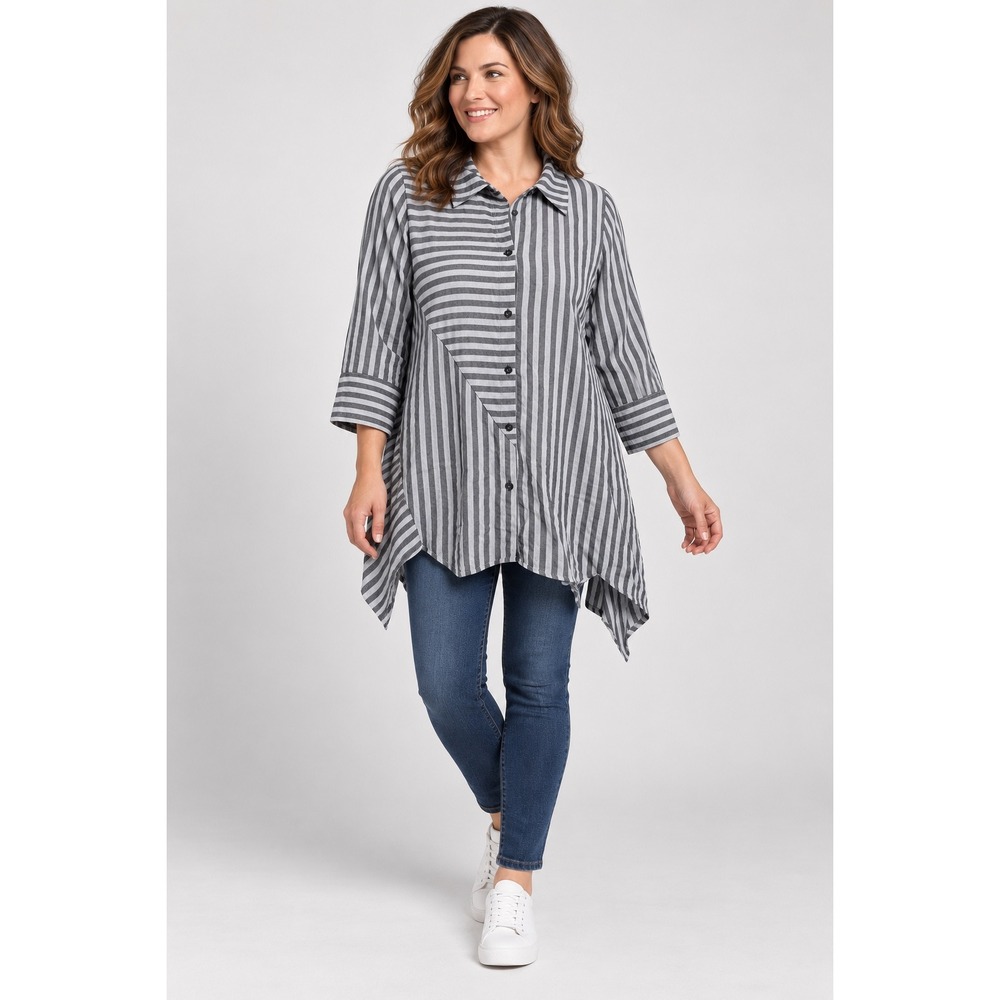 Ronnie Salloway Tunic Top Womens Small Grey Striped Asymmetric Sharkbite Cotton